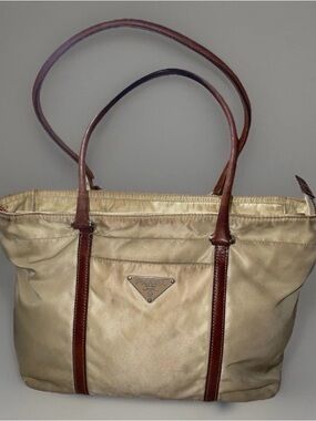 vintage Prada Tessuto nylon tote bag in beige with brown leather handles